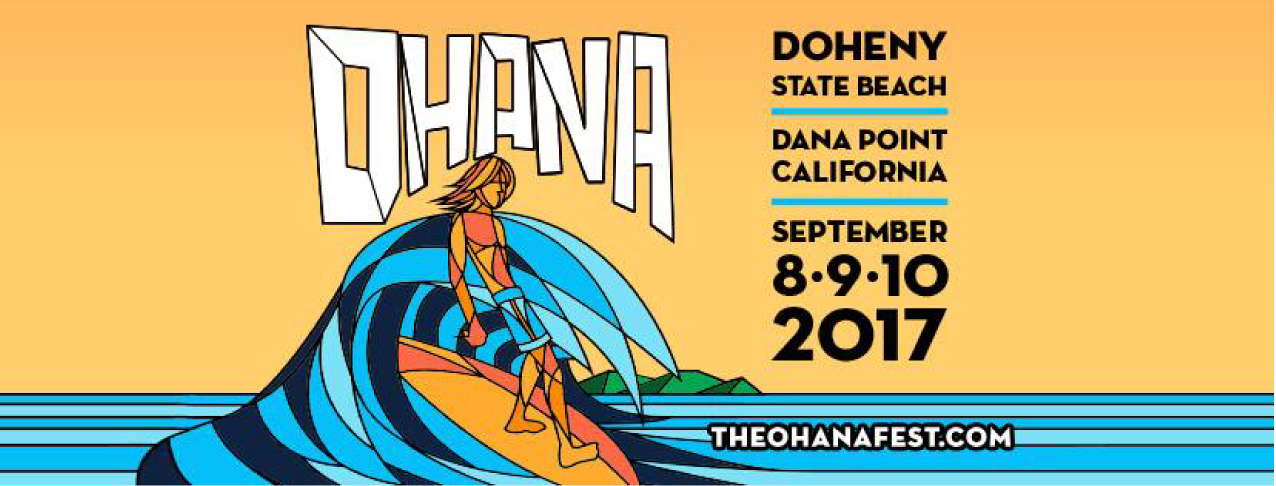 Poster of surfer at beach advertising Ohana Music Festival | September 8, 9,10
