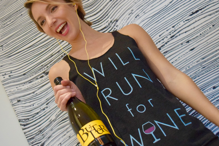 Woman holding Butter, wearing Will Run For Wine t-shirt